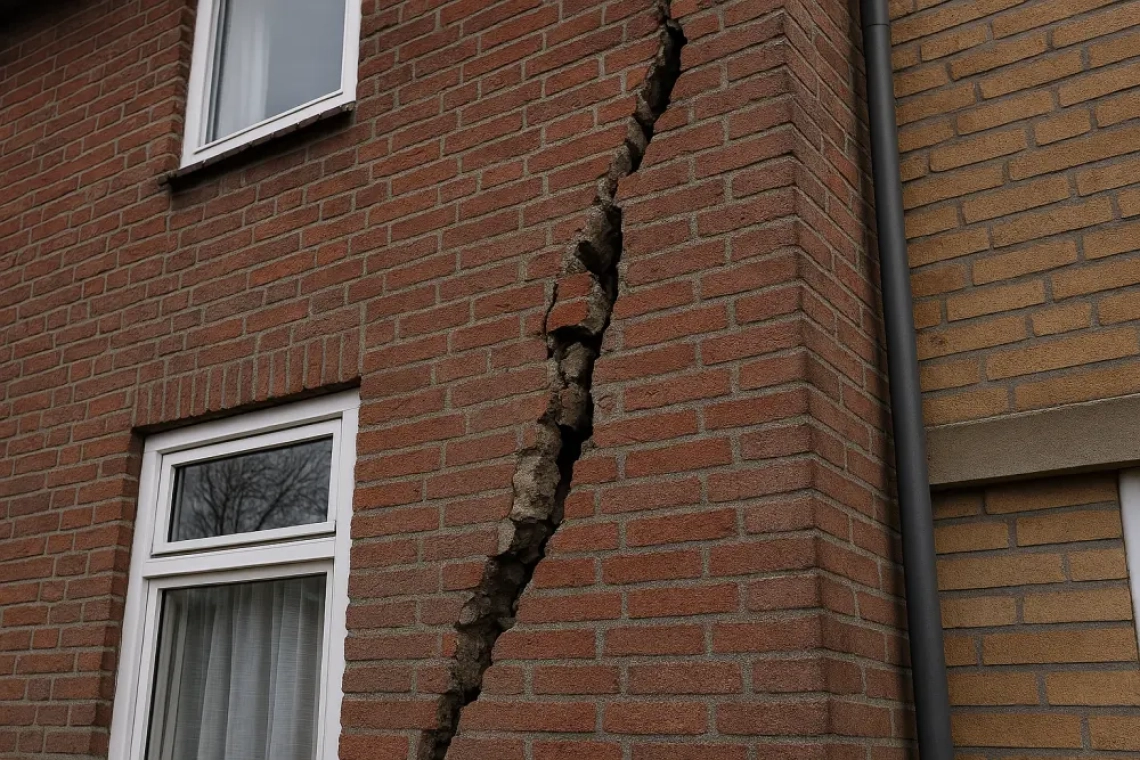 Gescheurde muur van een woning in Groningen met zichtbare aardbevingsschade, symbool voor de strijd tussen herstel en klimaatbeleid